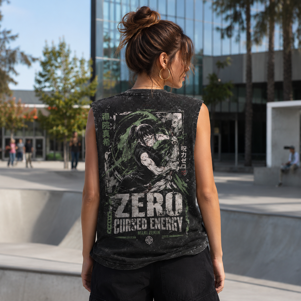 Maki Zenin Jujutsu Kaisen Anime Tank Top - Zero Cursed Energy Acid Wash Vest