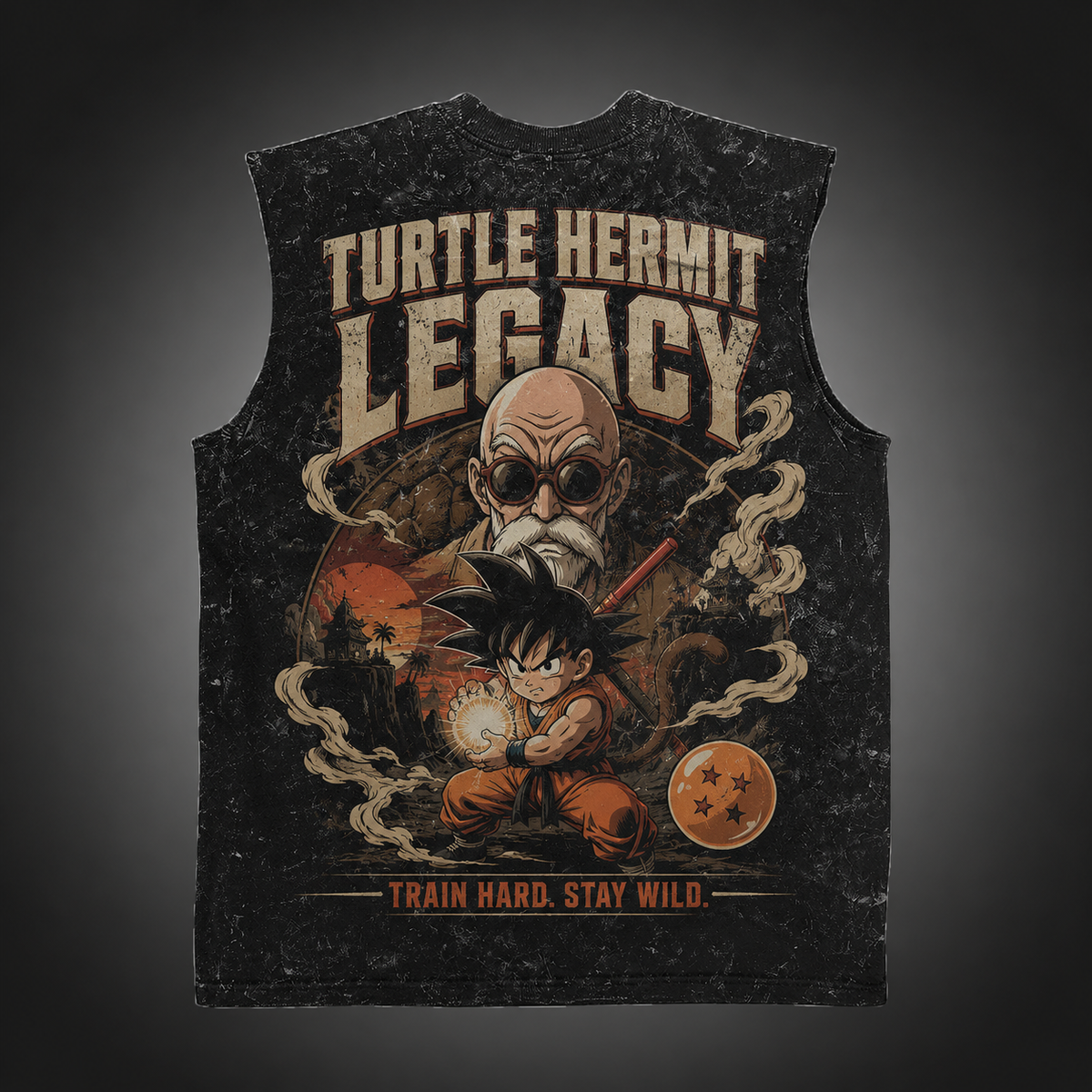 Master Roshi & Goku Dragon Ball Anime Tank Top - Turtle Hermit Legacy Acid Wash Vest