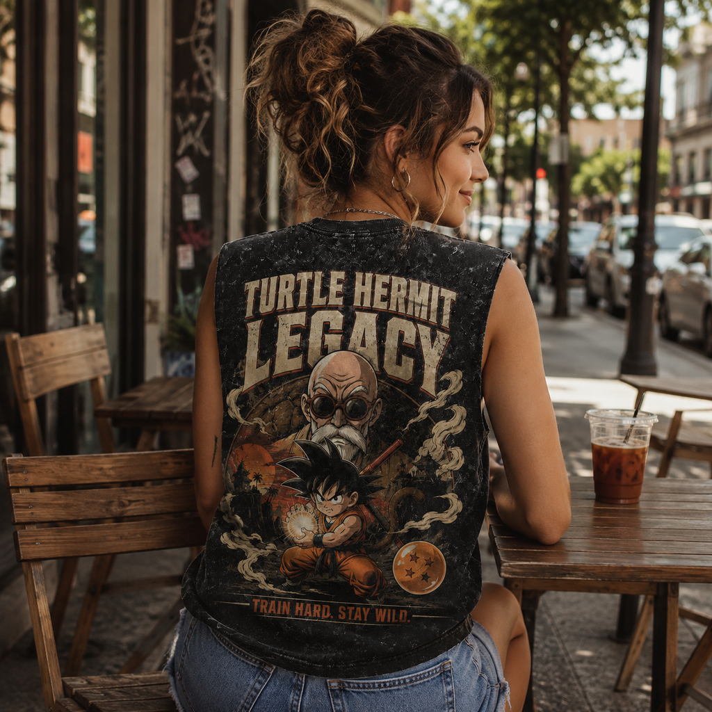 Master Roshi & Goku Dragon Ball Anime Tank Top - Turtle Hermit Legacy Acid Wash Vest