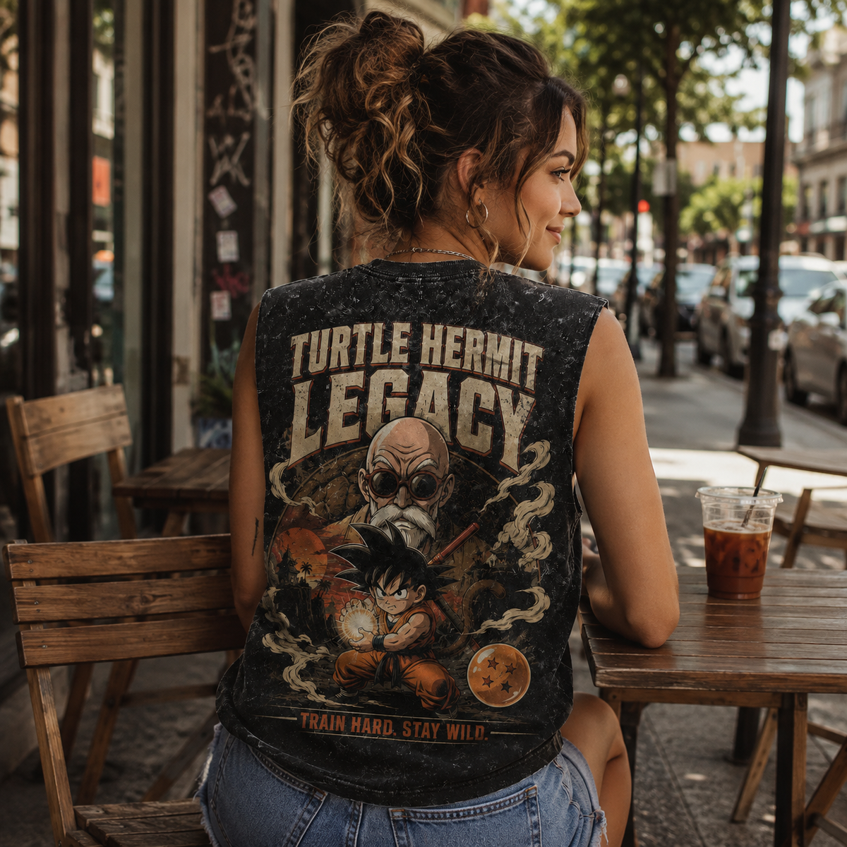 Master Roshi & Goku Dragon Ball Anime Tank Top - Turtle Hermit Legacy Acid Wash Vest