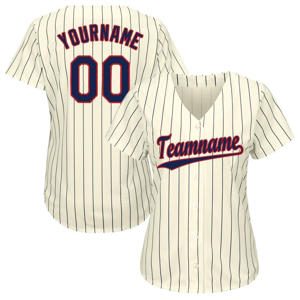 Custom Baseball Jersey - Cream Navy Pinstripe Navy-Red