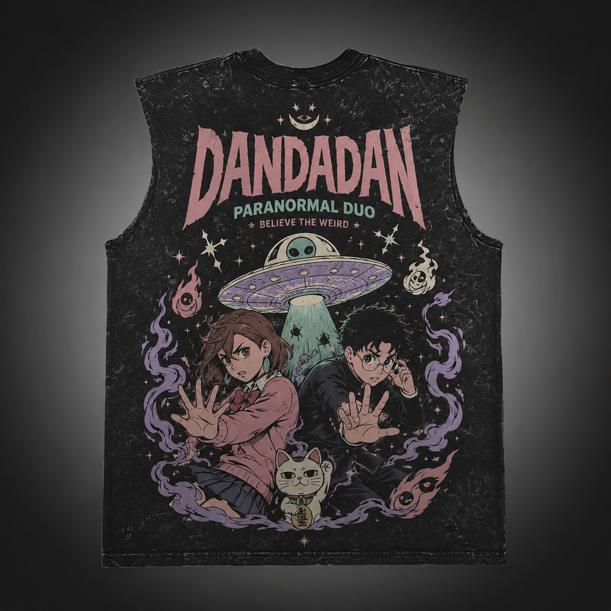 Momo Ayase & Ken Takakura Dandadan Anime Tank Top - Paranormal Duo Acid Wash Vest