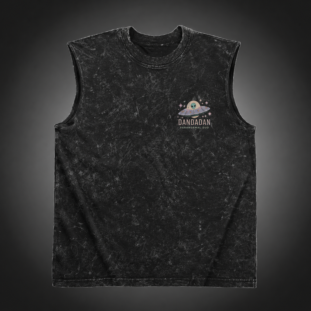 Momo Ayase & Ken Takakura Dandadan Anime Tank Top - Paranormal Duo Acid Wash Vest