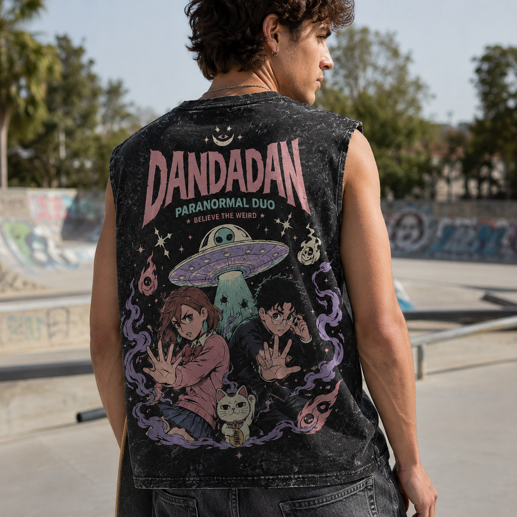 Momo Ayase & Ken Takakura Dandadan Anime Tank Top - Paranormal Duo Acid Wash Vest