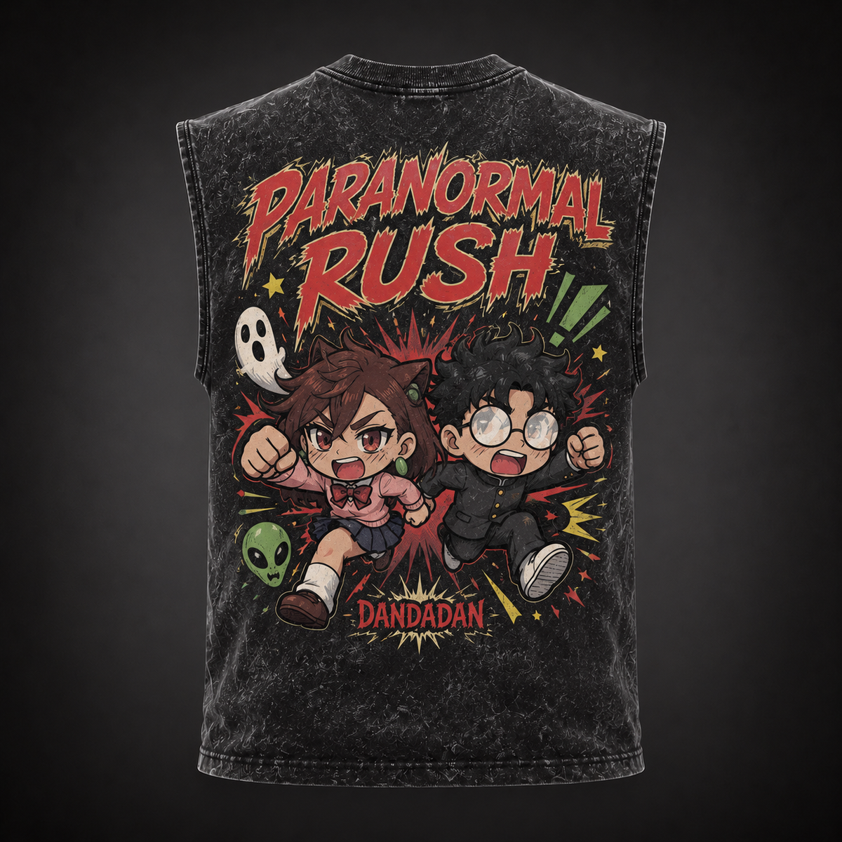 Momo Ayase & Ken Takakura Dandadan Anime Tank Top - Paranormal Rush Acid Wash Vest
