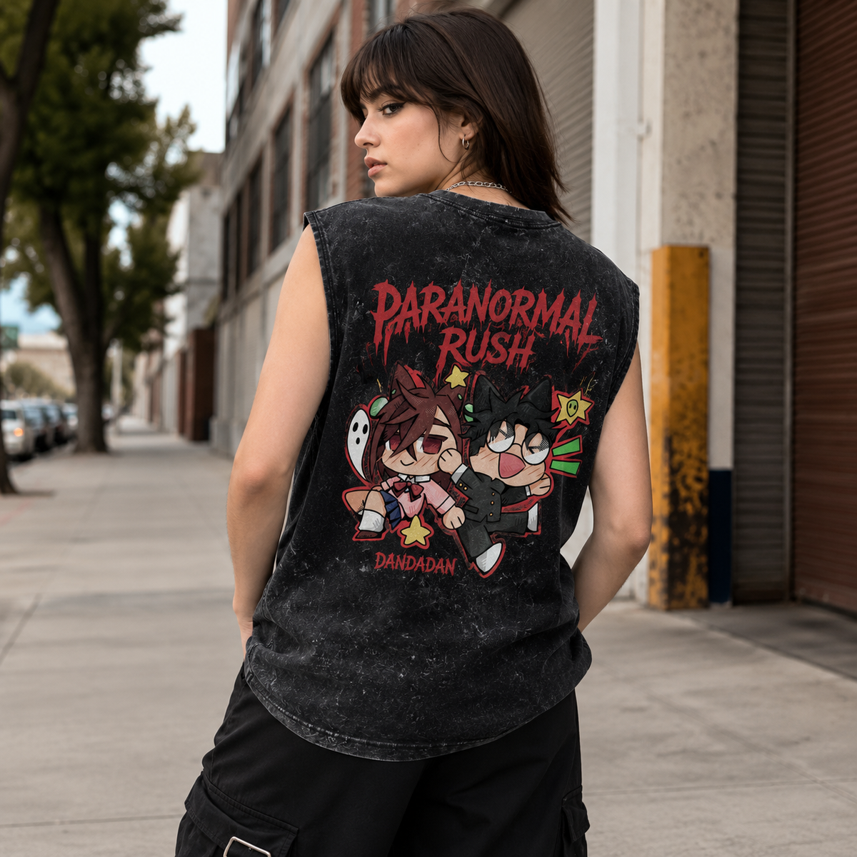 Momo Ayase & Ken Takakura Dandadan Anime Tank Top - Paranormal Rush Acid Wash Vest