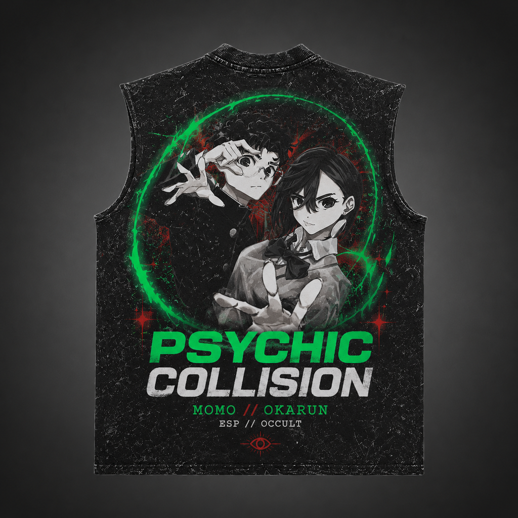 Momo Ayase & Ken Takakura Dandadan Anime Tank Top - Psychic Collision Acid Wash Vest