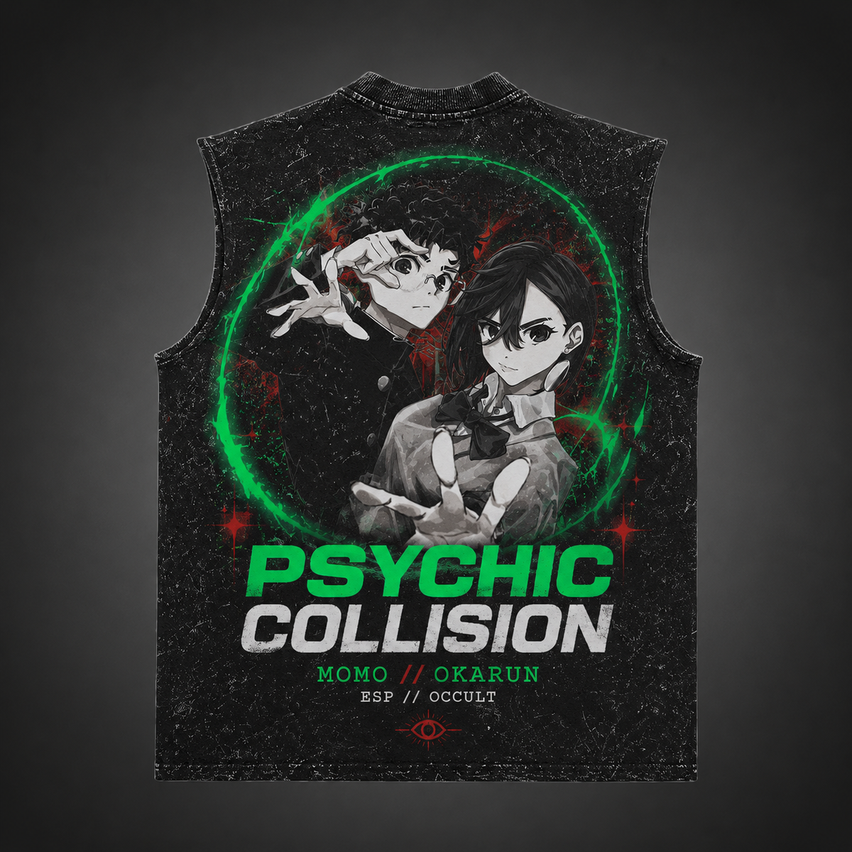 Momo Ayase & Ken Takakura Dandadan Anime Tank Top - Psychic Collision Acid Wash Vest