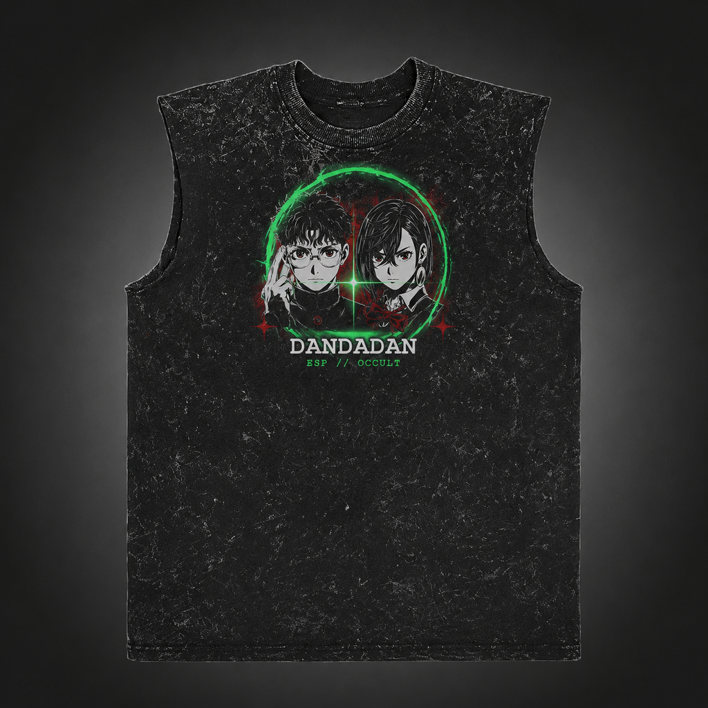 Momo Ayase & Ken Takakura Dandadan Anime Tank Top - Psychic Collision Acid Wash Vest