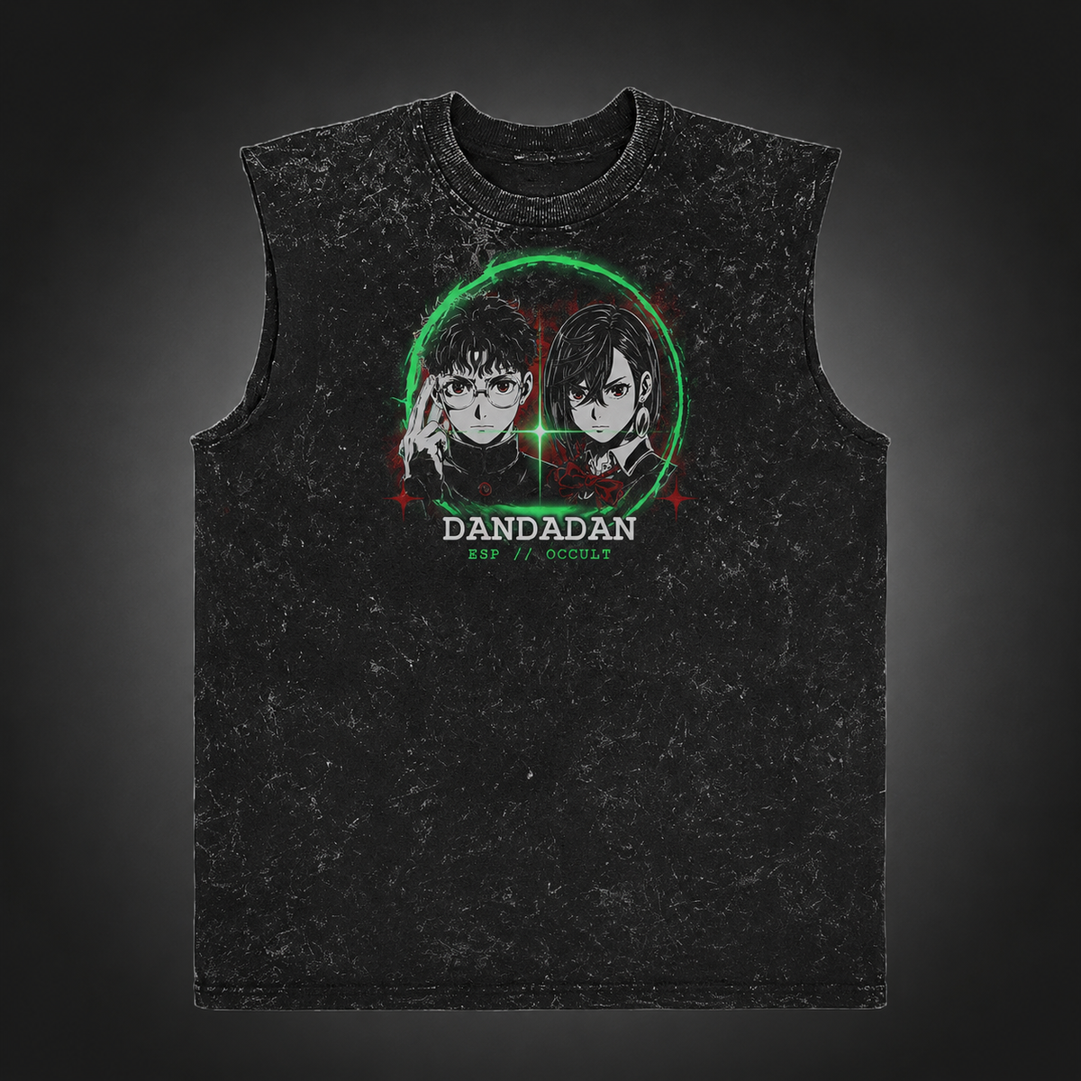 Momo Ayase & Ken Takakura Dandadan Anime Tank Top - Psychic Collision Acid Wash Vest