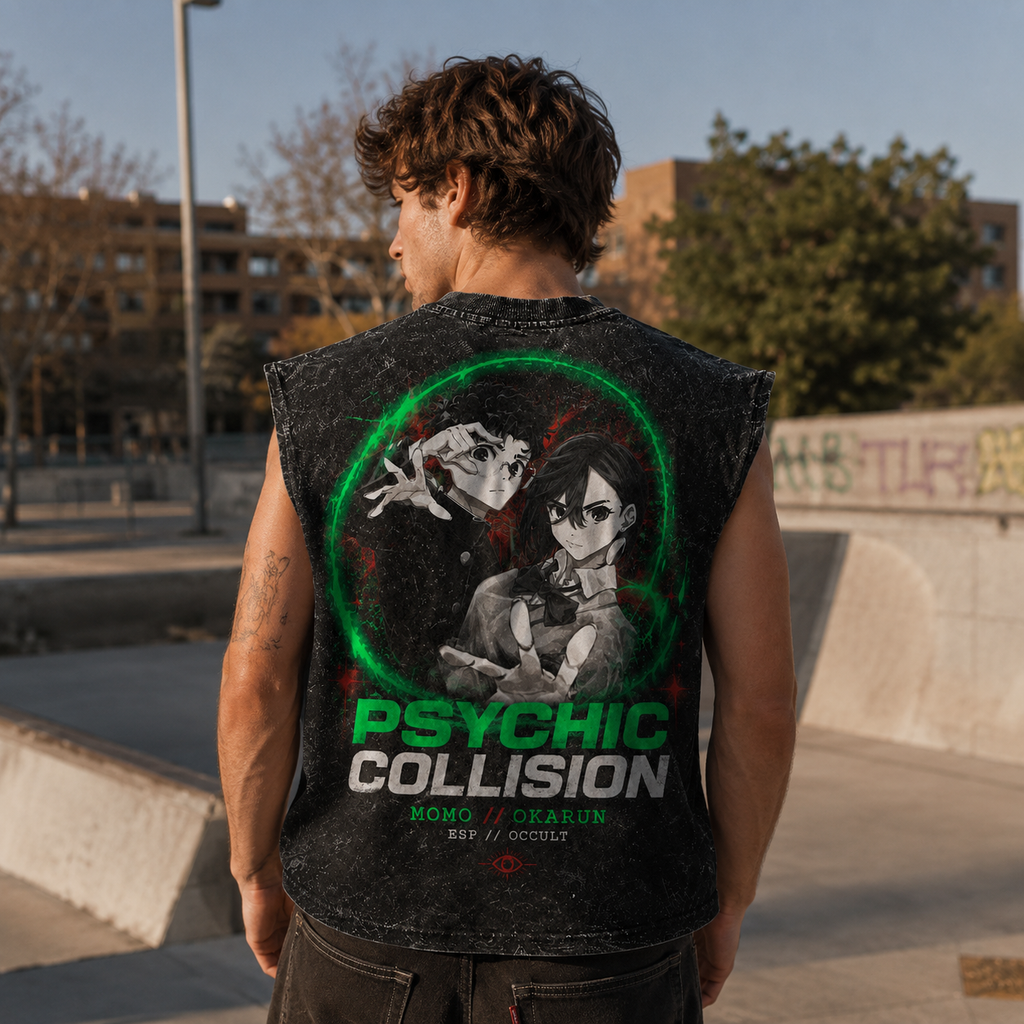 Momo Ayase & Ken Takakura Dandadan Anime Tank Top - Psychic Collision Acid Wash Vest