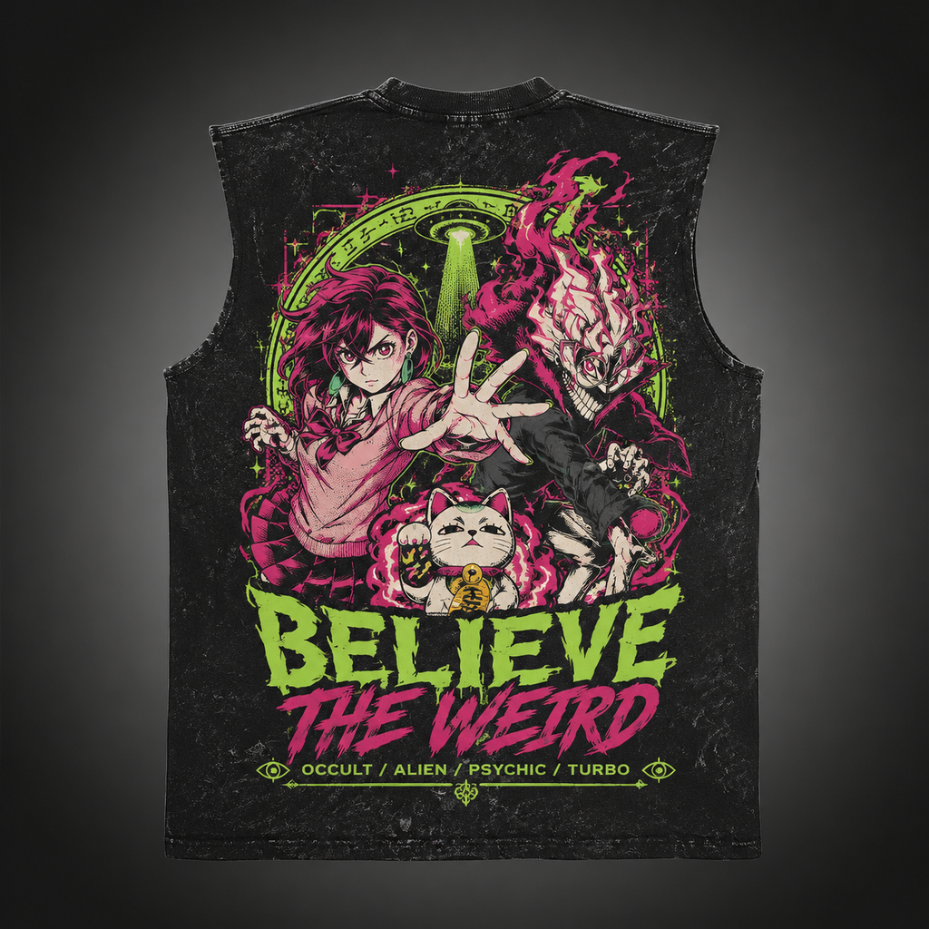 Momo Ayase & Turbo Granny Dandadan Anime Tank Top - Believe The Weird Acid Wash Vest