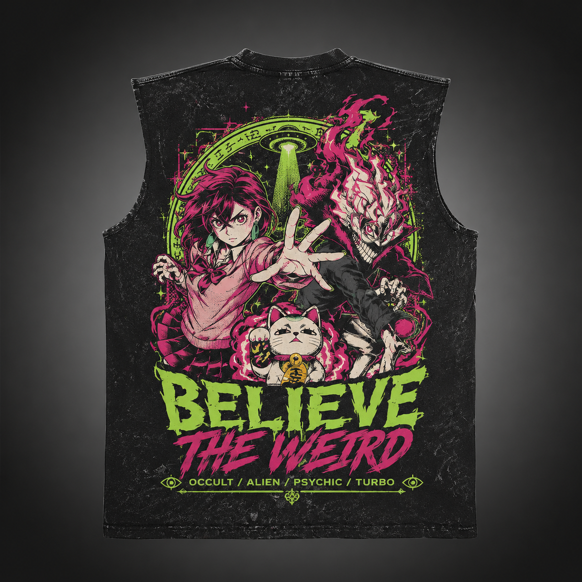 Momo Ayase & Turbo Granny Dandadan Anime Tank Top - Believe The Weird Acid Wash Vest
