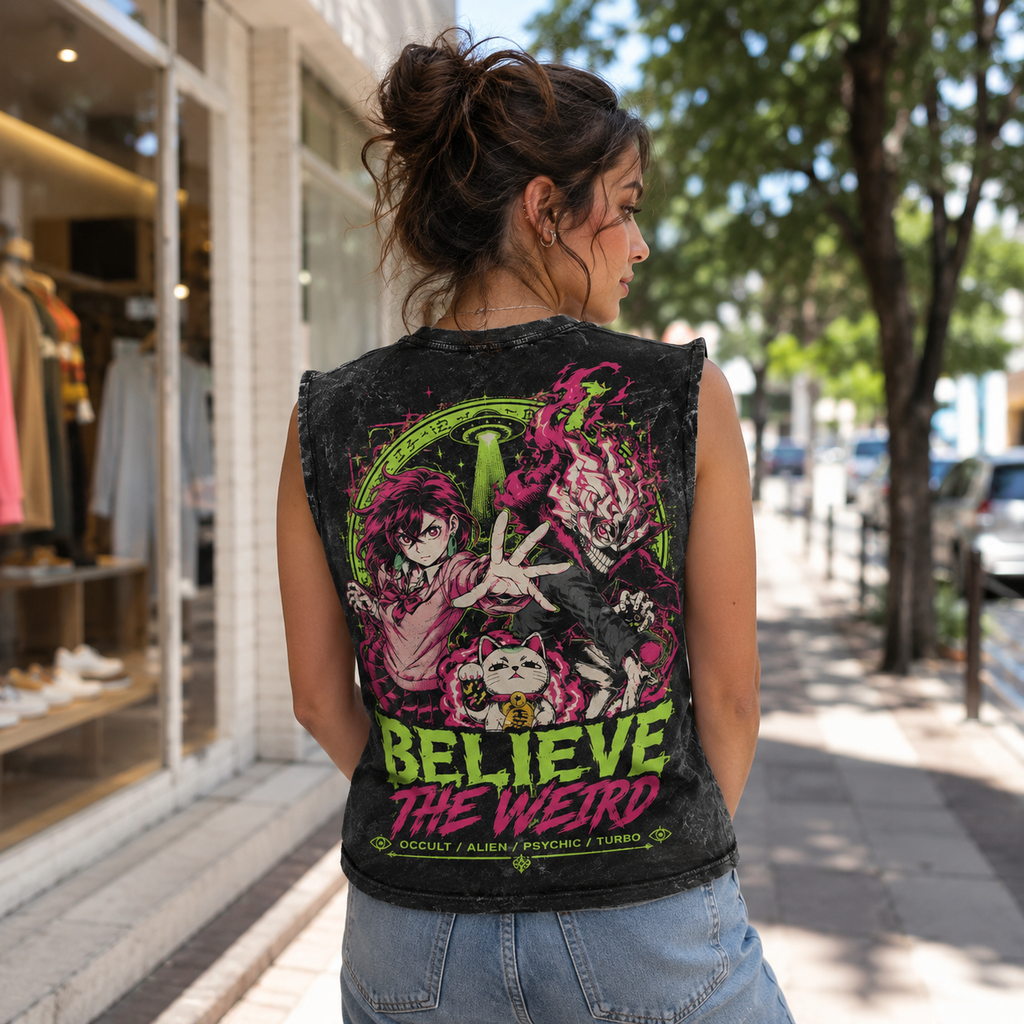 Momo Ayase & Turbo Granny Dandadan Anime Tank Top - Believe The Weird Acid Wash Vest