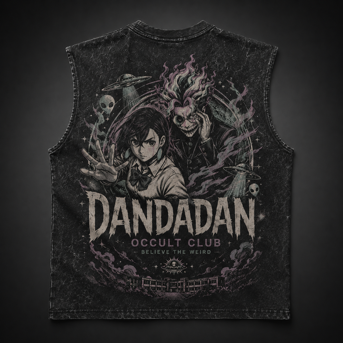 Momo Ayase & Turbo Granny Dandadan Anime Tank Top - Occult Club Acid Wash Vest