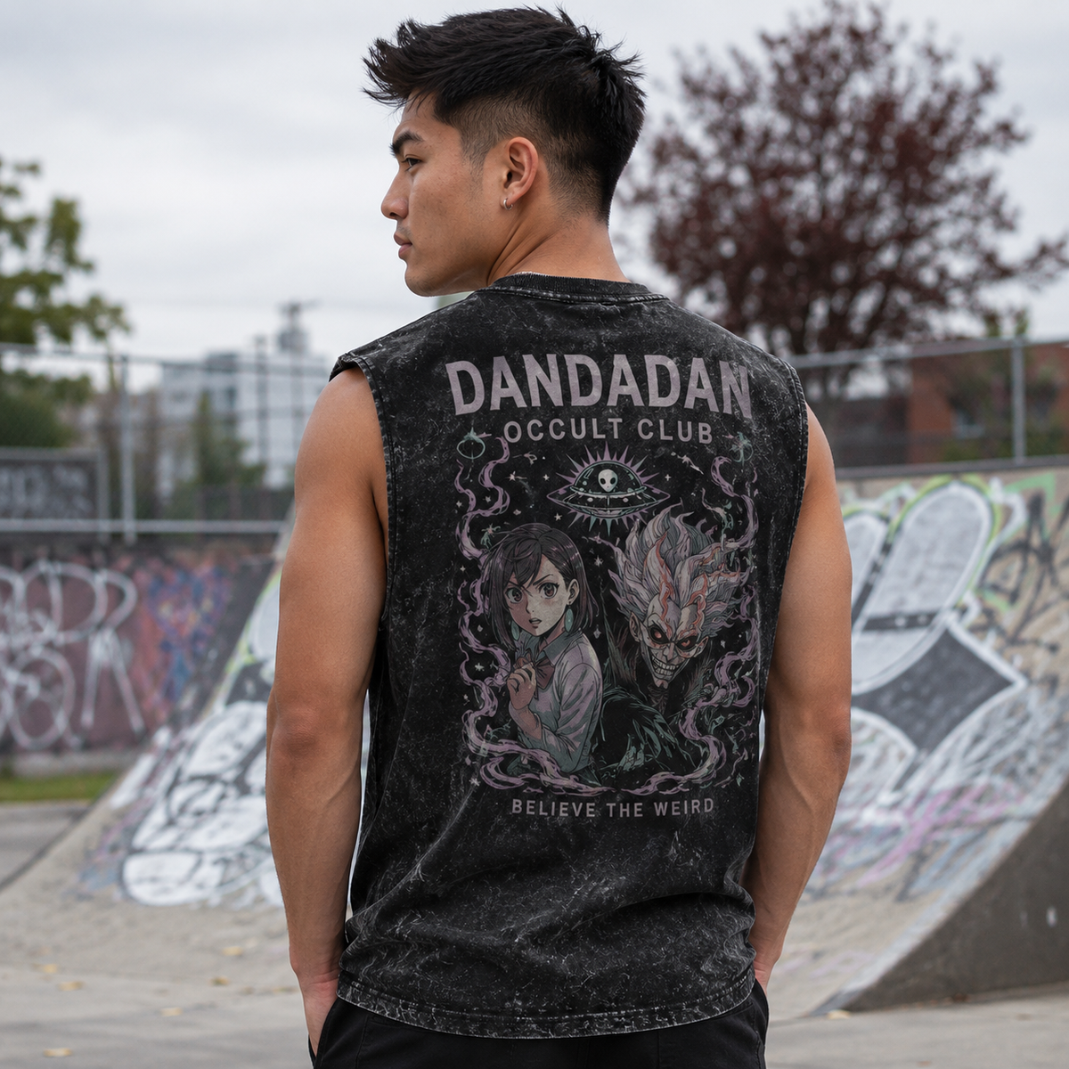 Momo Ayase & Turbo Granny Dandadan Anime Tank Top - Occult Club Acid Wash Vest