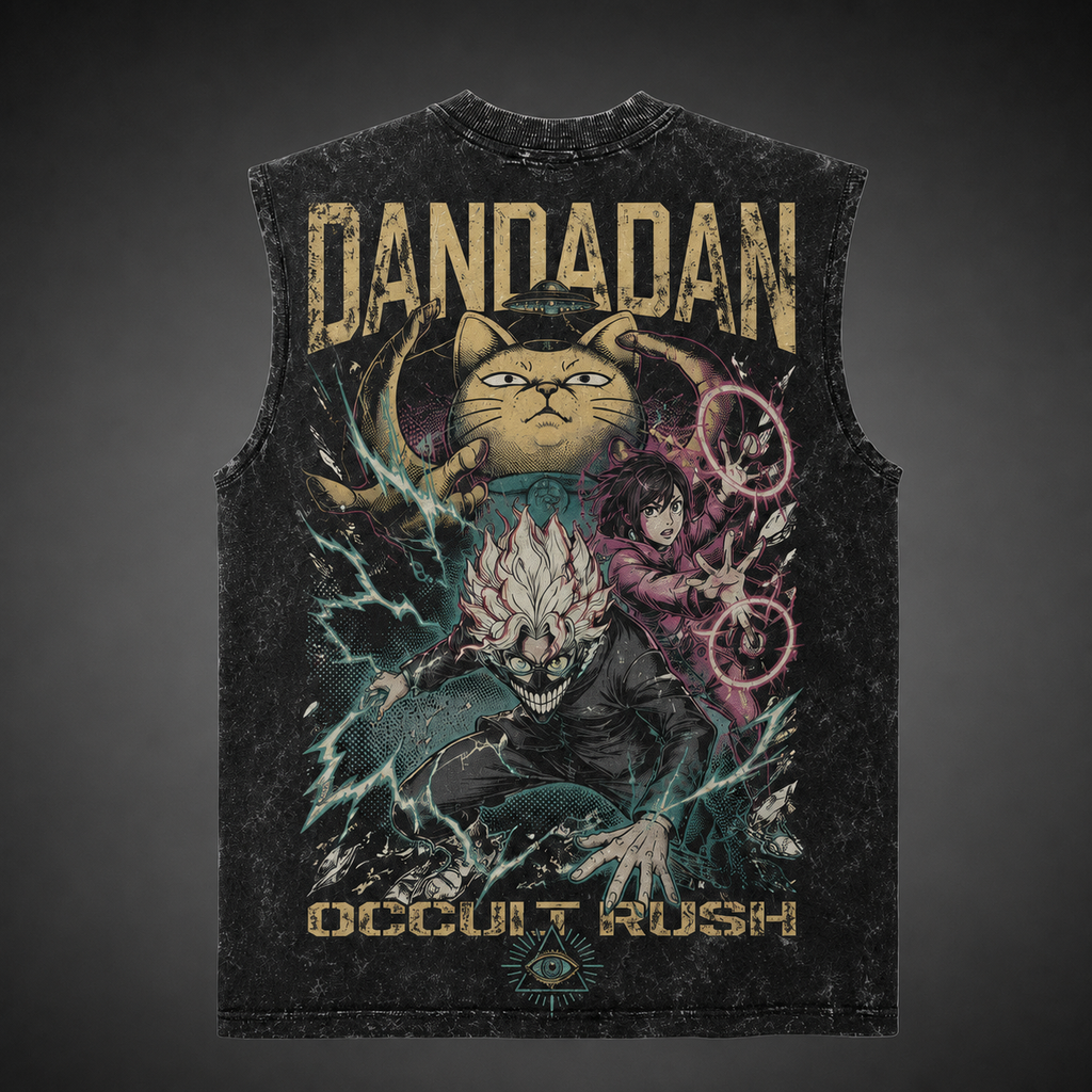 Momo Ayase & Turbo Granny Dandadan Anime Tank Top - Occult Rush Acid Wash Vest