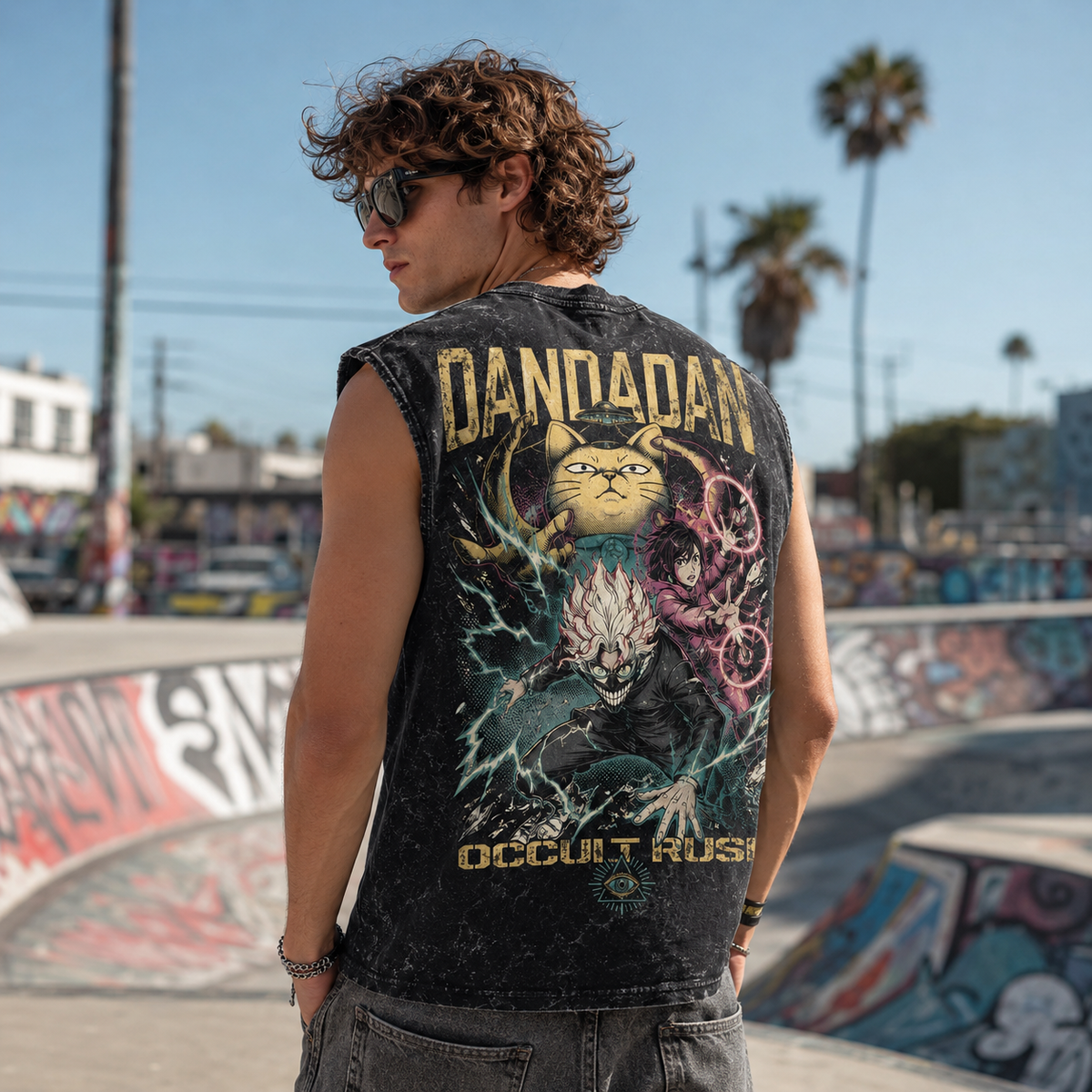 Momo Ayase & Turbo Granny Dandadan Anime Tank Top - Occult Rush Acid Wash Vest