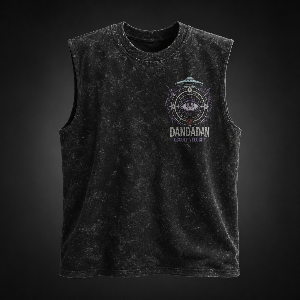 Momo Ayase & Turbo Granny Dandadan Anime Tank Top - Occult Velocity Acid Wash Vest