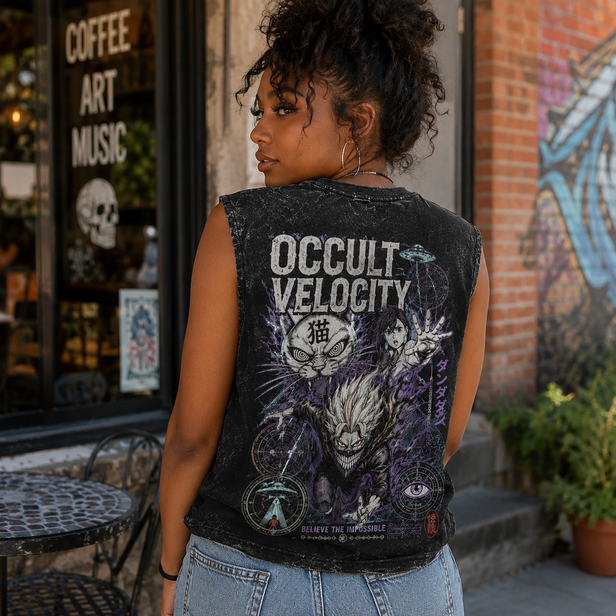 Momo Ayase & Turbo Granny Dandadan Anime Tank Top - Occult Velocity Acid Wash Vest