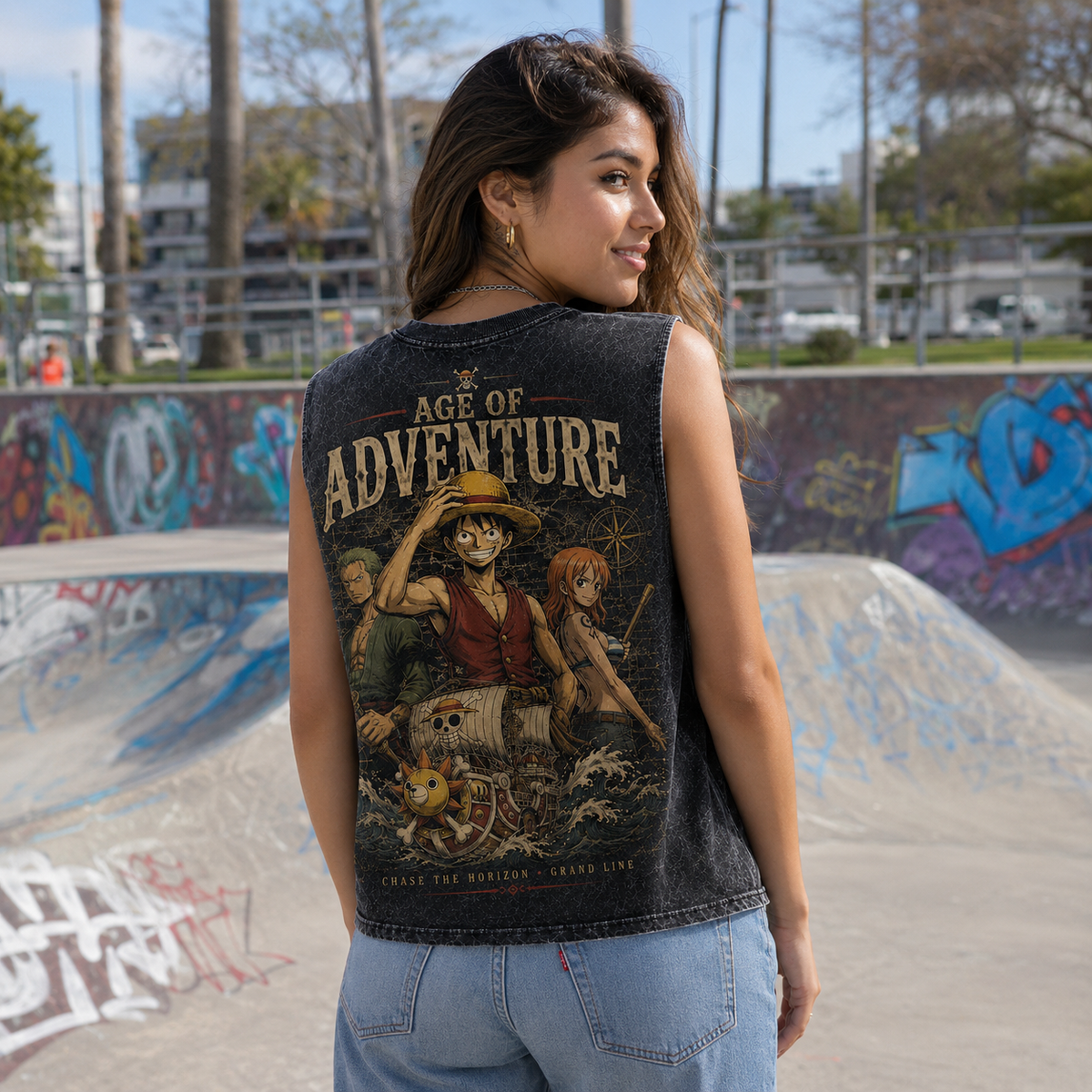 Monkey D. Luffy One Piece Anime Tank Top - Age Of Adventure Acid Wash Vest