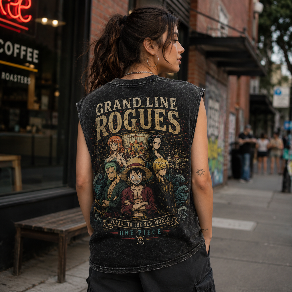 Monkey D. Luffy One Piece Anime Tank Top - Grand Line Rogues Acid Wash Vest