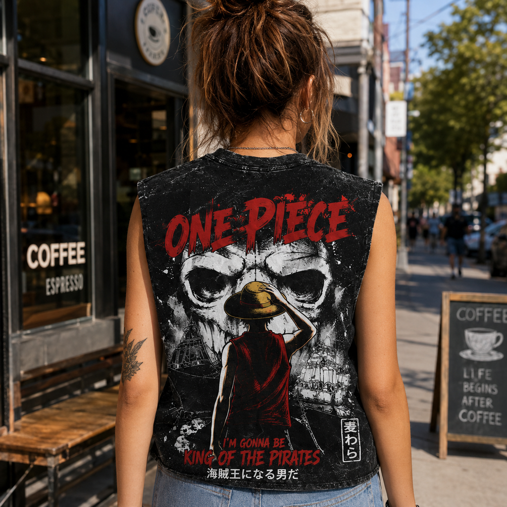 Monkey D. Luffy One Piece Anime Tank Top - King Of Pirates Acid Wash Vest