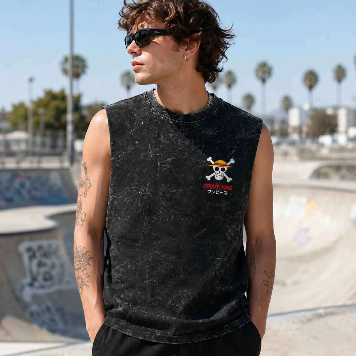 Monkey D. Luffy One Piece Anime Tank Top - King Of Pirates Acid Wash Vest