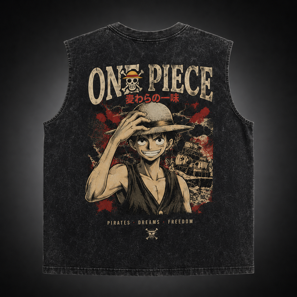 Monkey D. Luffy One Piece Anime Tank Top - Pirates Dreams Freedom Acid Wash Vest