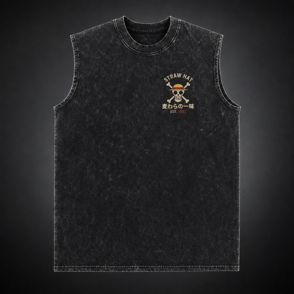 Monkey D. Luffy One Piece Anime Tank Top - Pirates Dreams Freedom Acid Wash Vest