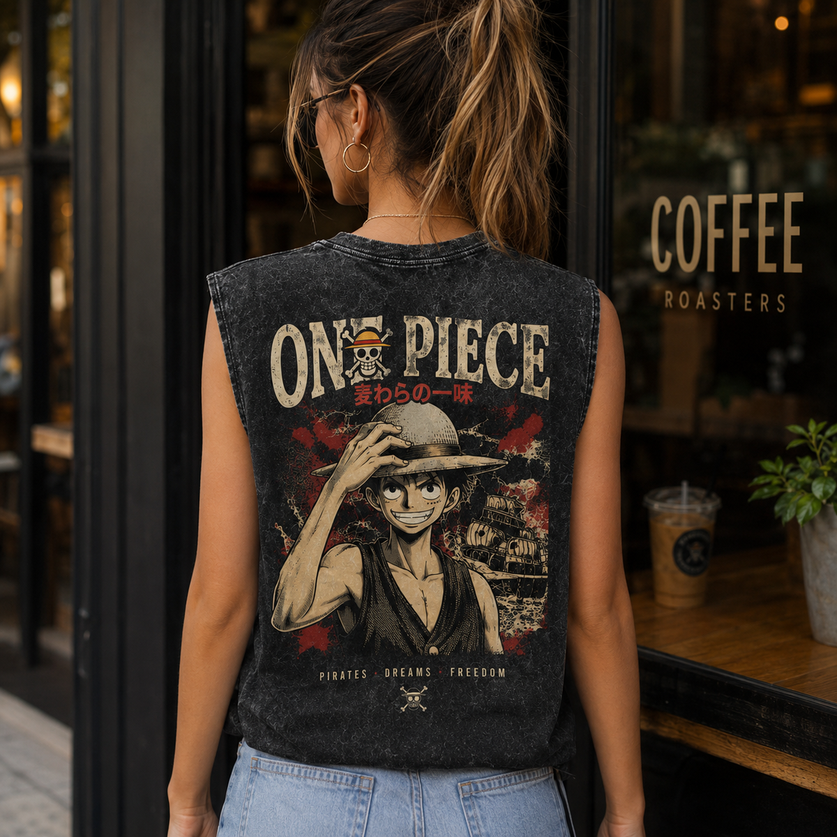 Monkey D. Luffy One Piece Anime Tank Top - Pirates Dreams Freedom Acid Wash Vest