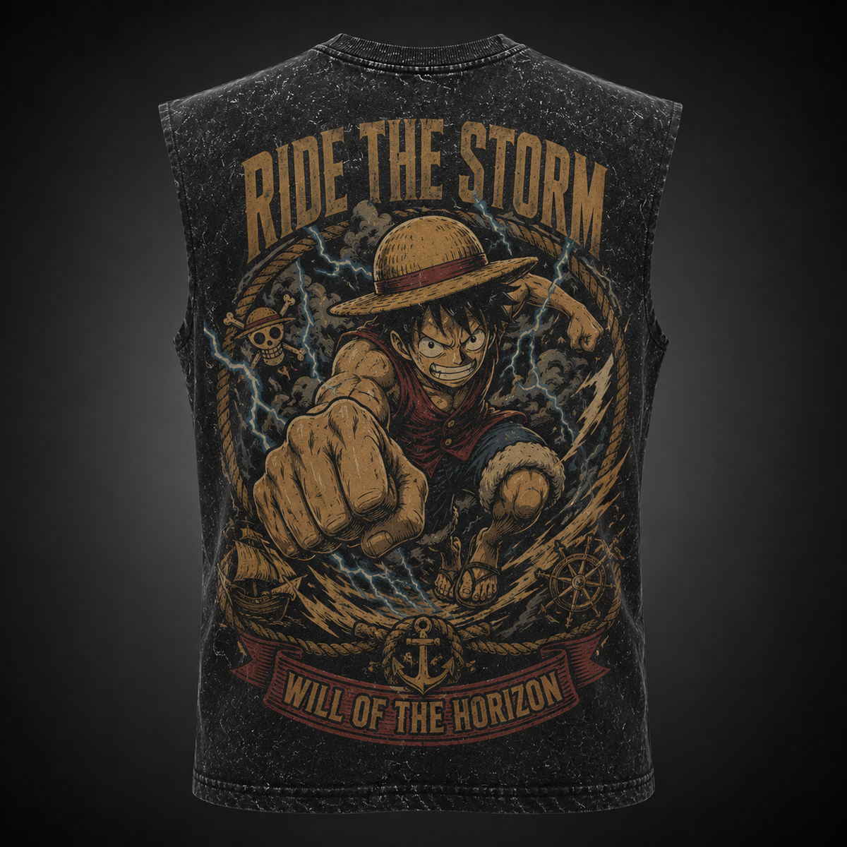 Monkey D. Luffy One Piece Anime Tank Top - Ride The Storm Acid Wash Vest