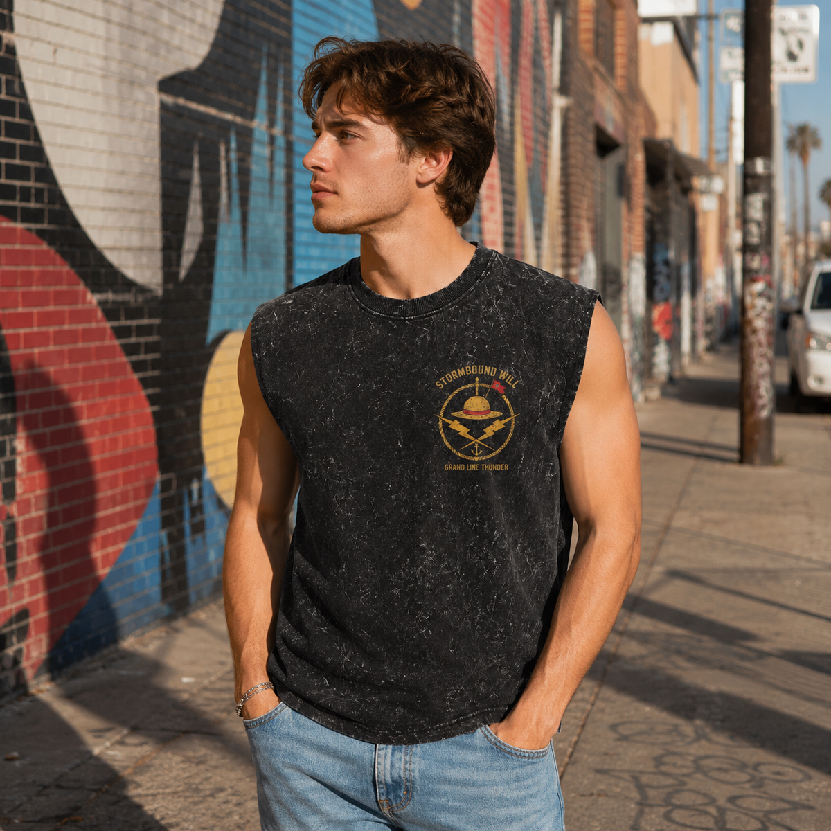 Monkey D. Luffy One Piece Anime Tank Top - Ride The Storm Acid Wash Vest
