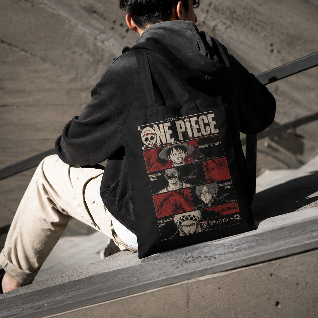 Monkey D. Luffy One Piece Anime Canvas Tote Bag - Straw Hat Crew Panels