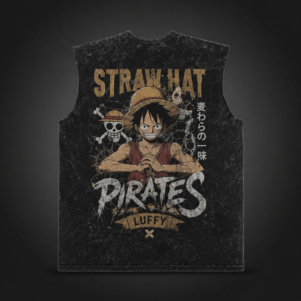 Monkey D. Luffy One Piece Anime Tank Top - Straw Hat Pirates Acid Wash Vest