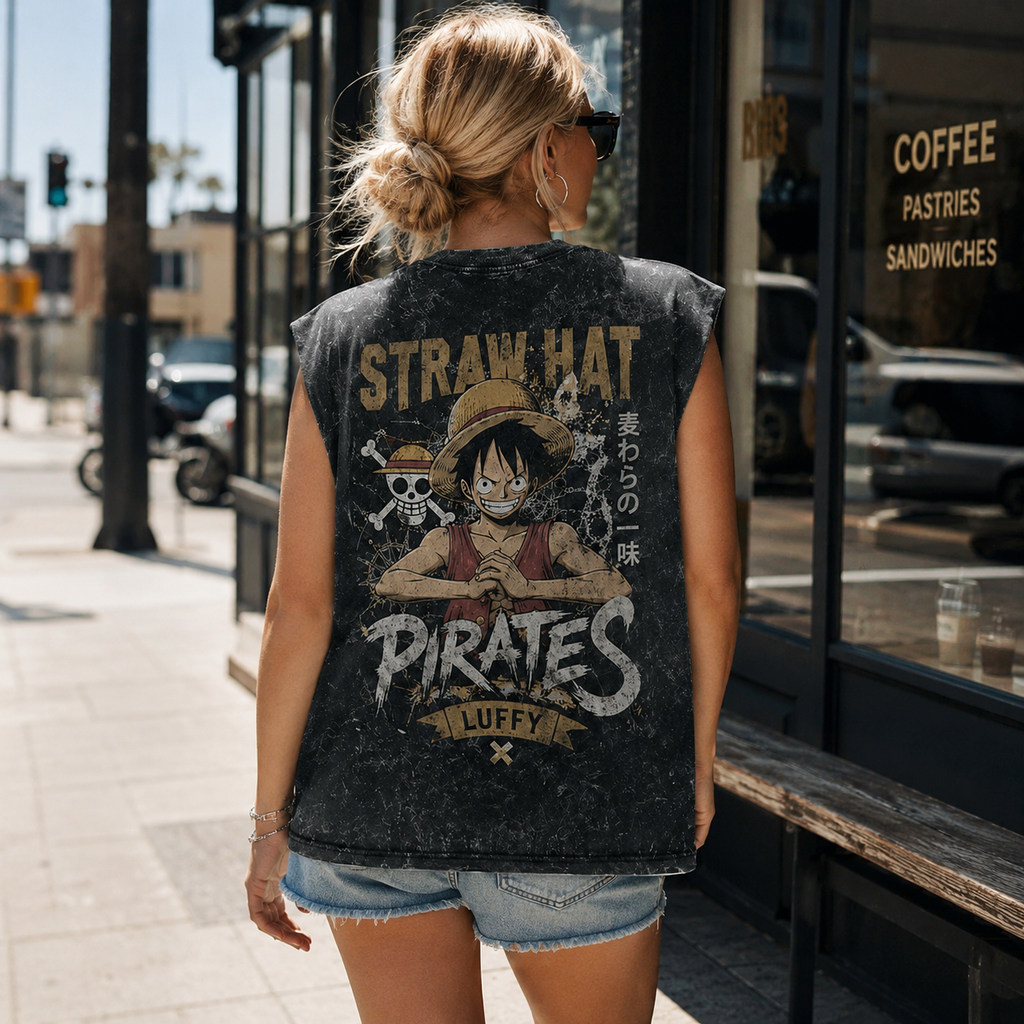 Monkey D. Luffy One Piece Anime Tank Top - Straw Hat Pirates Acid Wash Vest