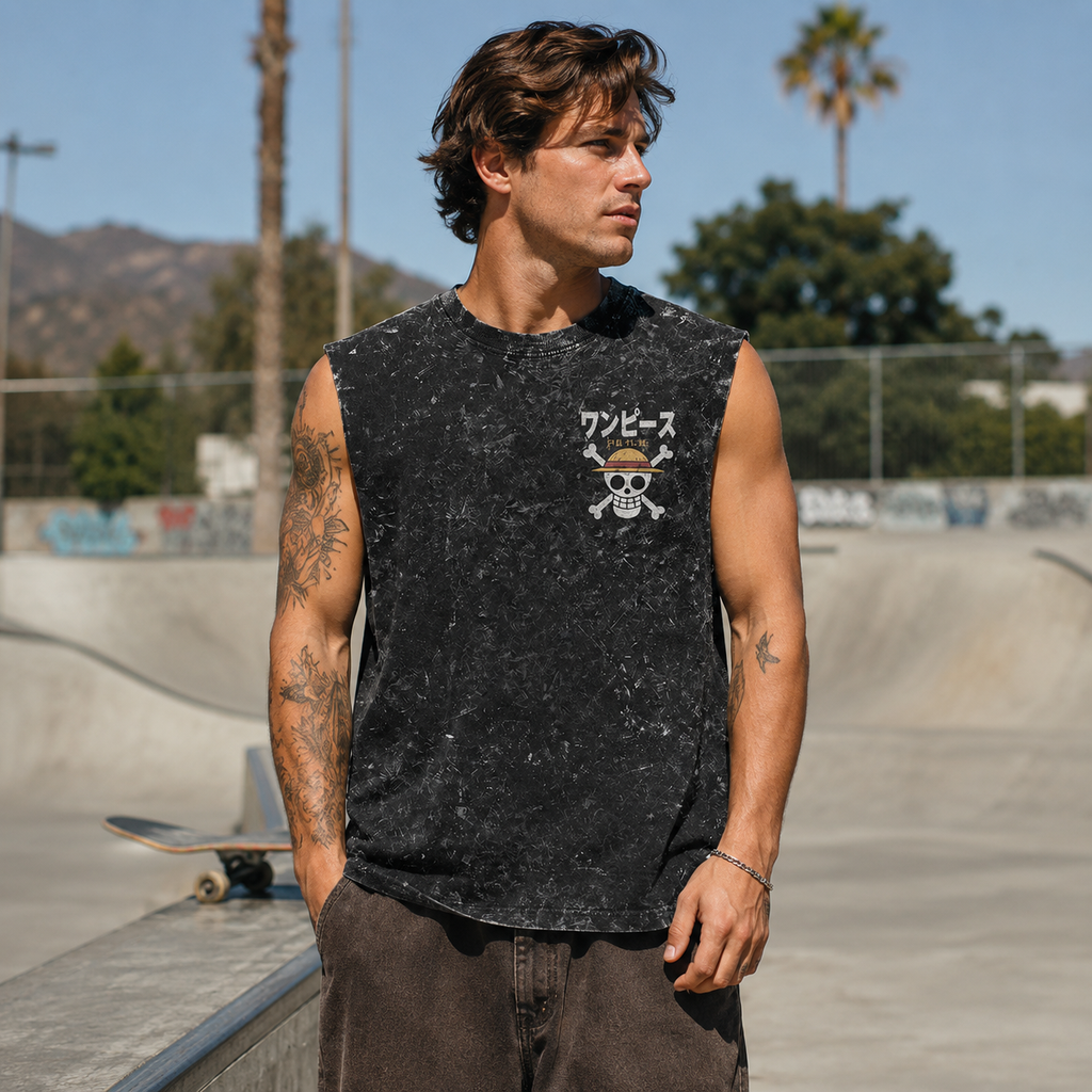 Monkey D. Luffy One Piece Anime Tank Top - Straw Hat Pirates Acid Wash Vest