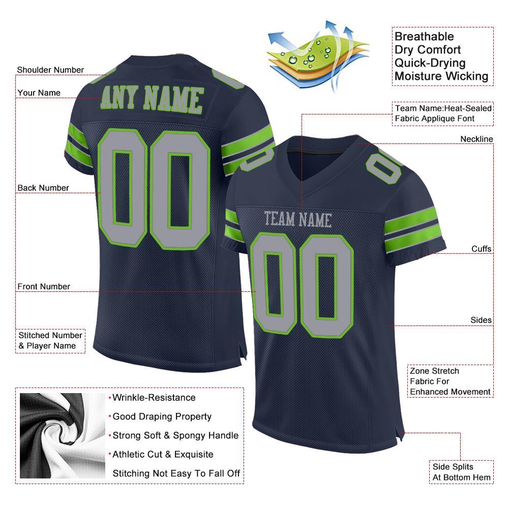 Custom Football Jersey - Navy Light Gray-Neon Green Mesh