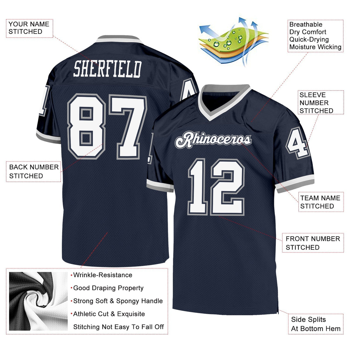 Custom Football Jersey - Navy White-Gray Mesh Throwback