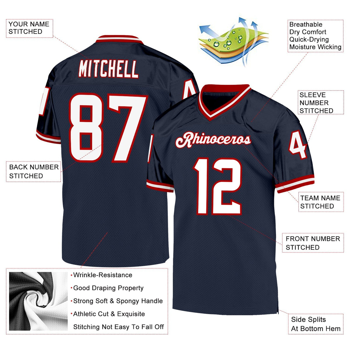 Custom Football Jersey - Navy White-Red Mesh Throwback