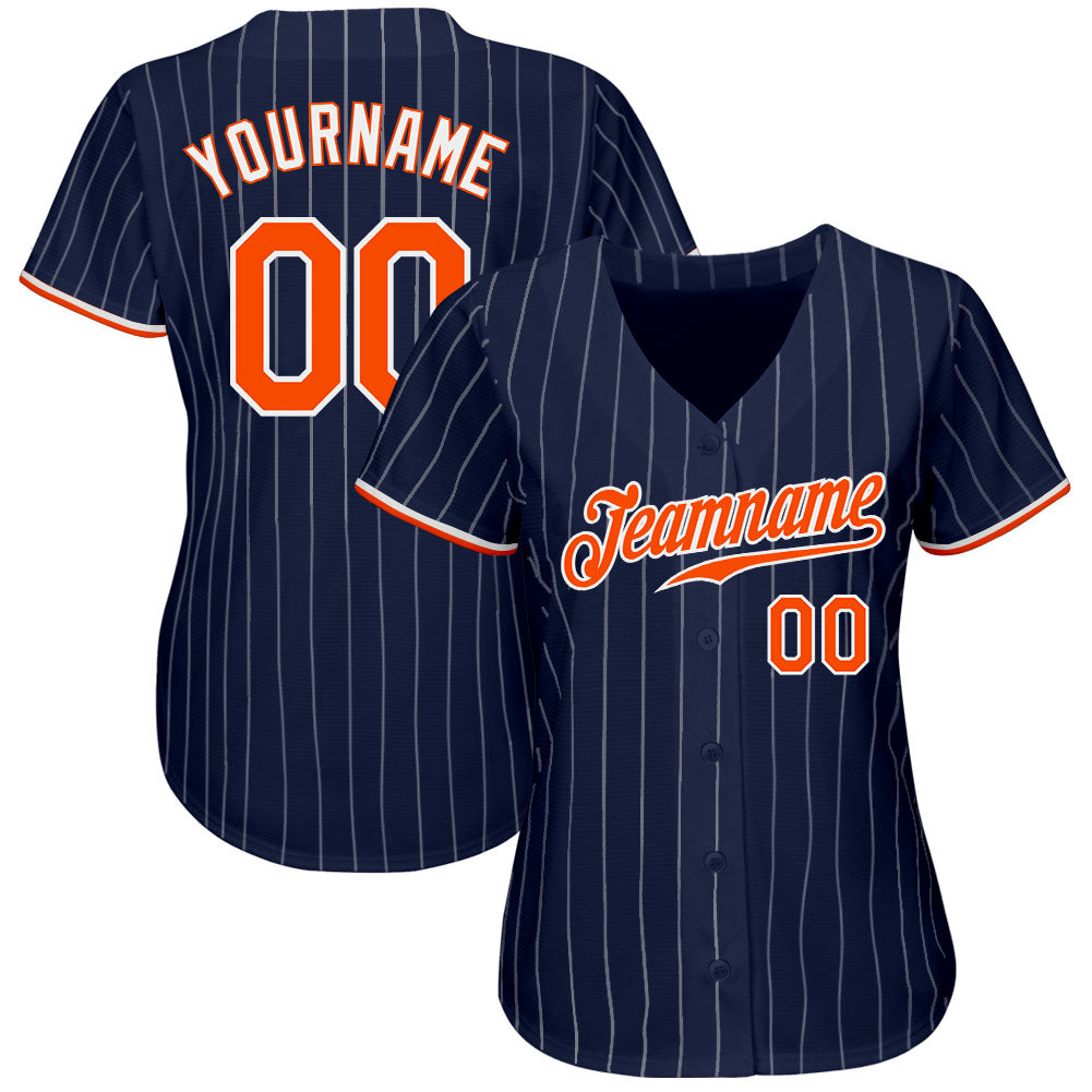 Custom Baseball Jersey - Navy White Pinstripe Orange-White