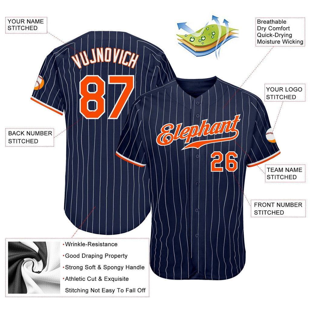 Custom Baseball Jersey - Navy White Pinstripe Orange-White