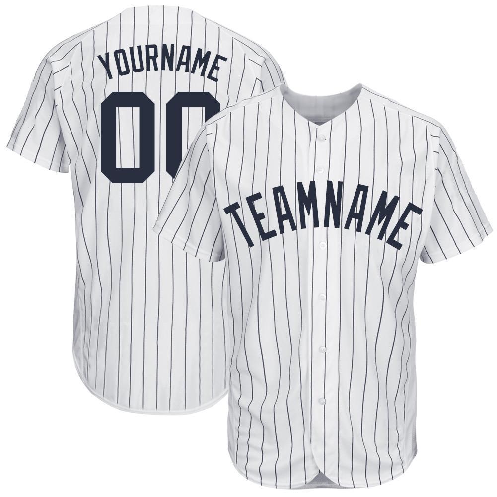 Custom Baseball Jersey - White Navy Pinstripe Navy