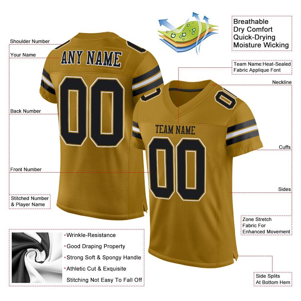 Custom Football Jersey - Old Gold Black-White Mesh