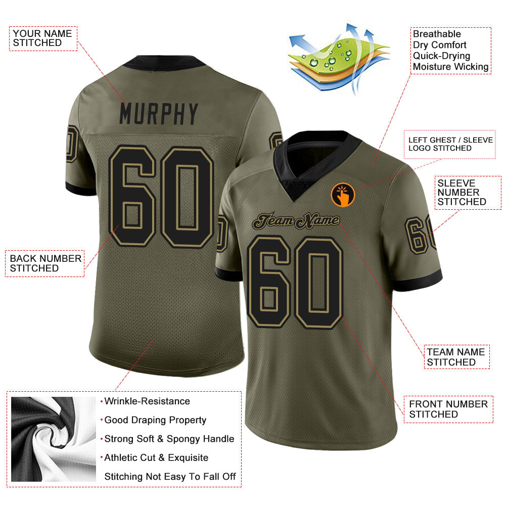 Custom Football Jersey - Olive Black-Old Gold Mesh Salute To Service