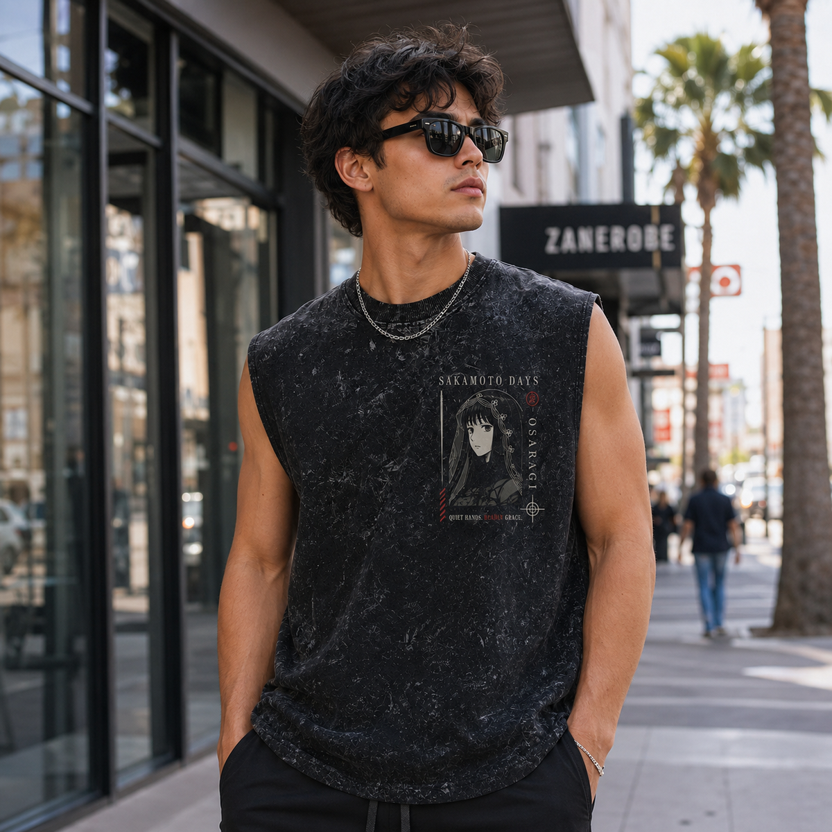 Osaragi Sakamoto Days Anime Tank Top - Silent Edge Acid Wash Vest