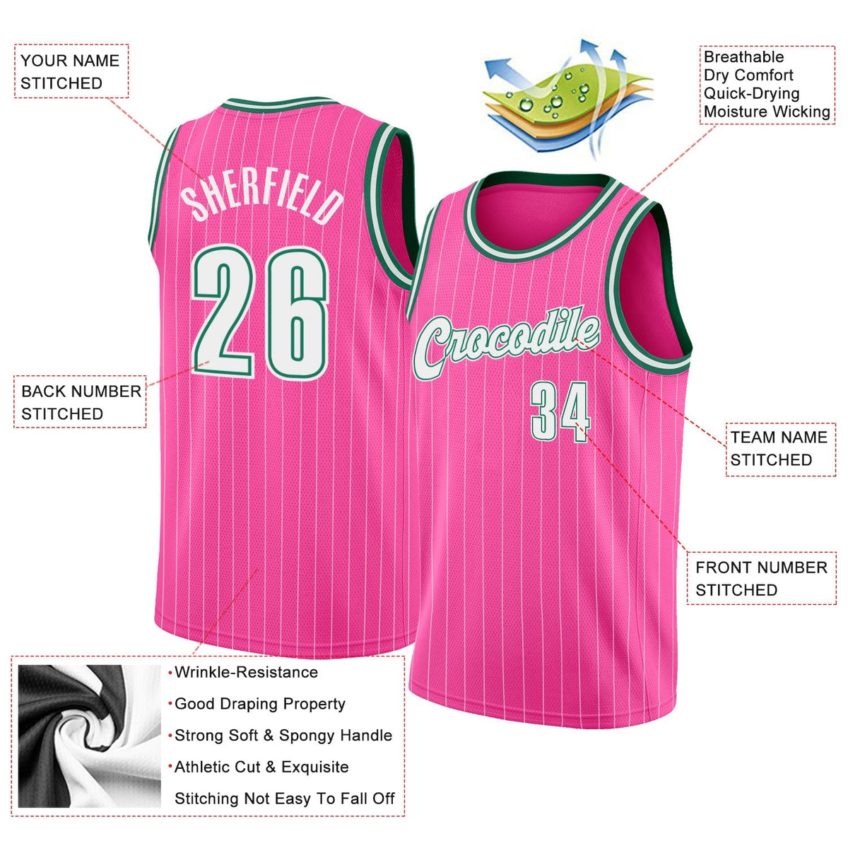 Custom Basketball Jersey - Pink White Pinstripe White-Kelly Green