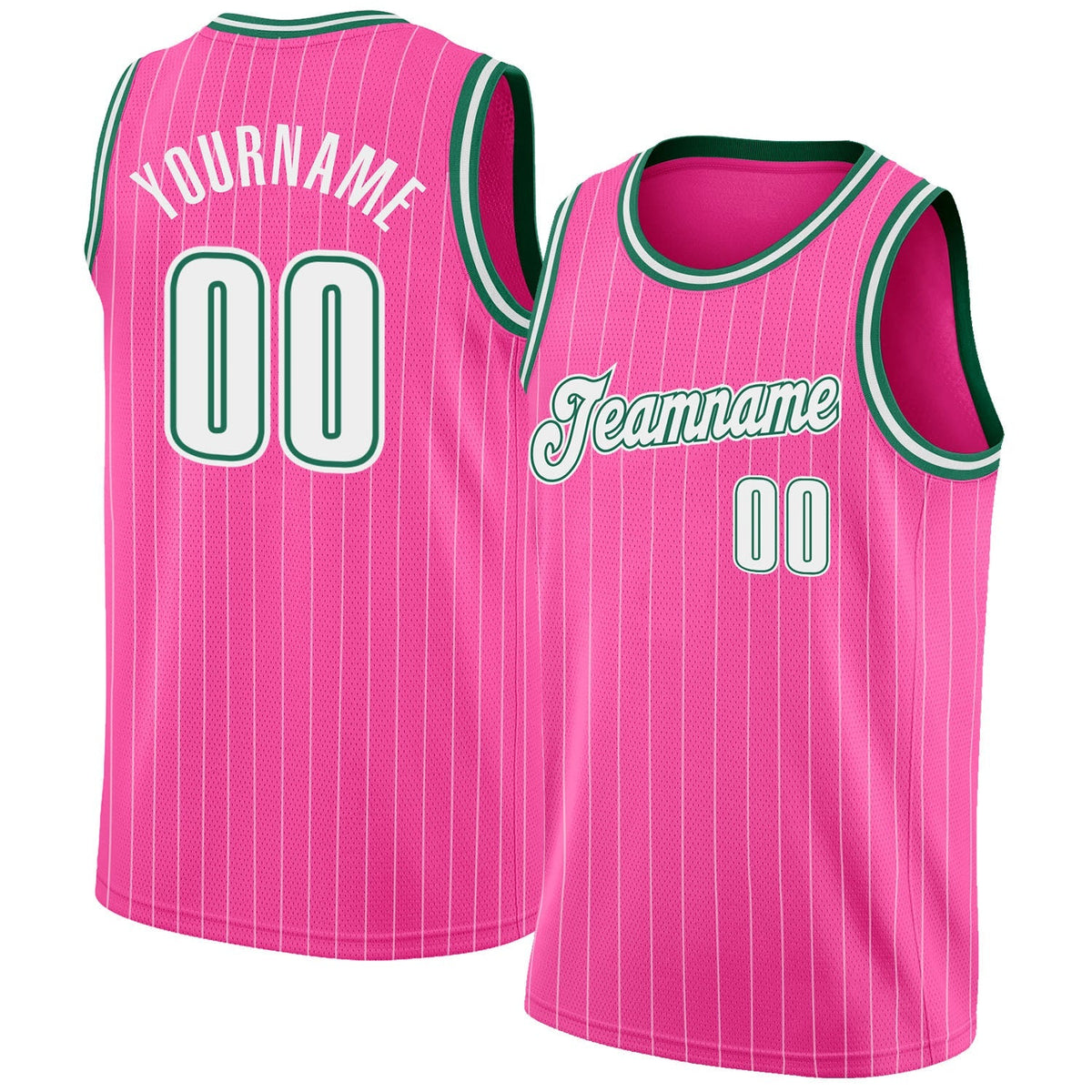 Custom Basketball Jersey - Pink White Pinstripe White-Kelly Green