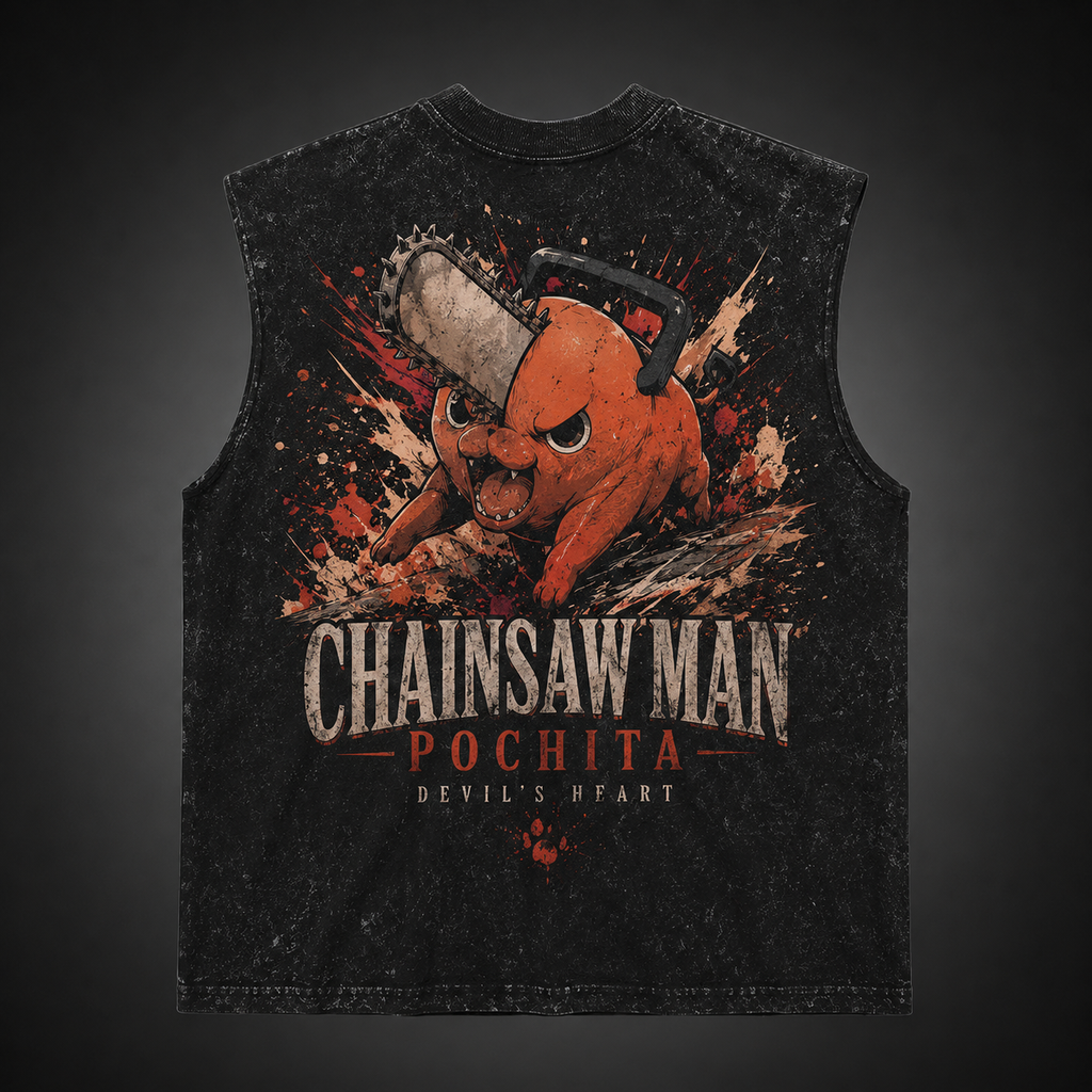 Pochita Chainsaw Man Anime Tank Top - Devil's Heart Acid Wash Vest