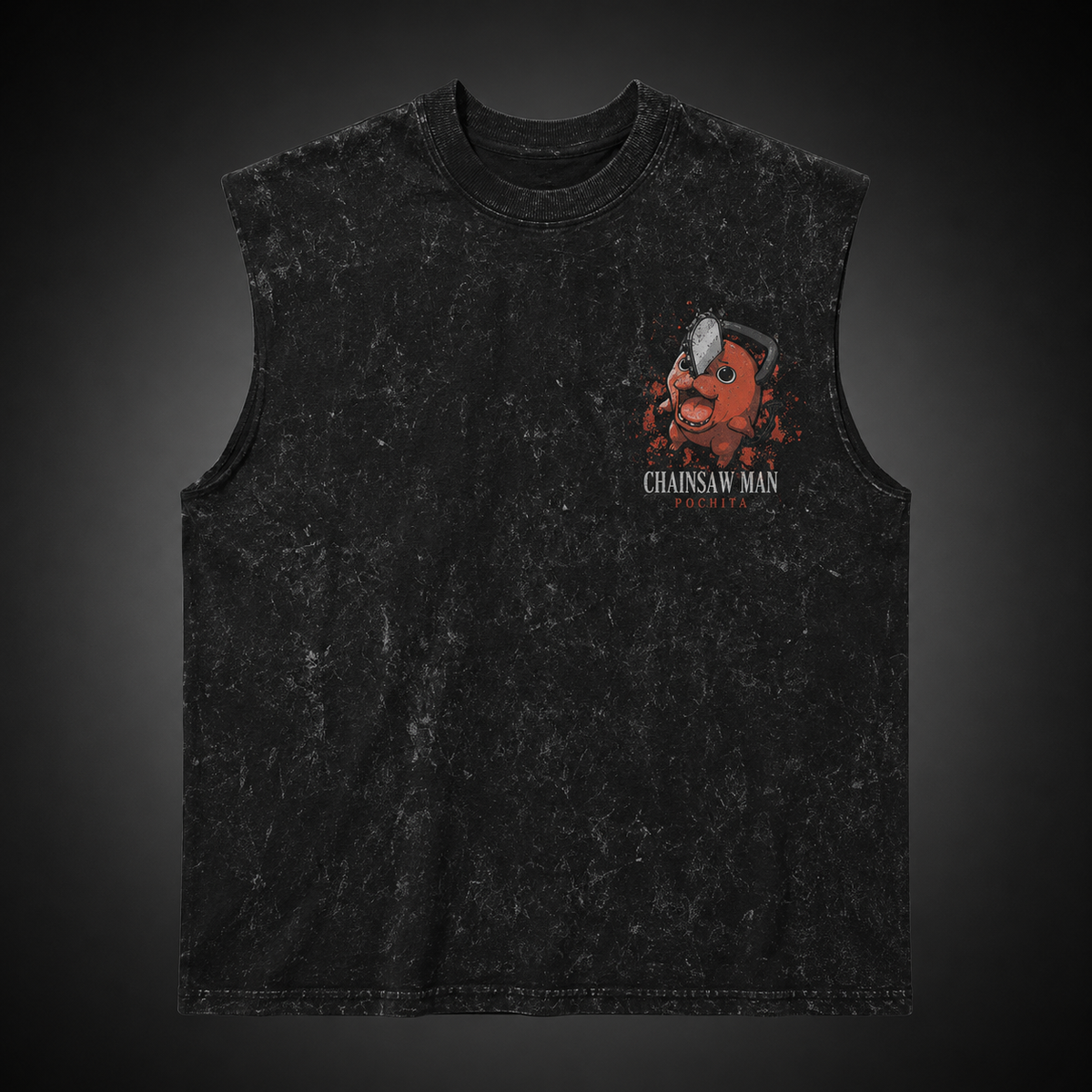 Pochita Chainsaw Man Anime Tank Top - Devil's Heart Acid Wash Vest